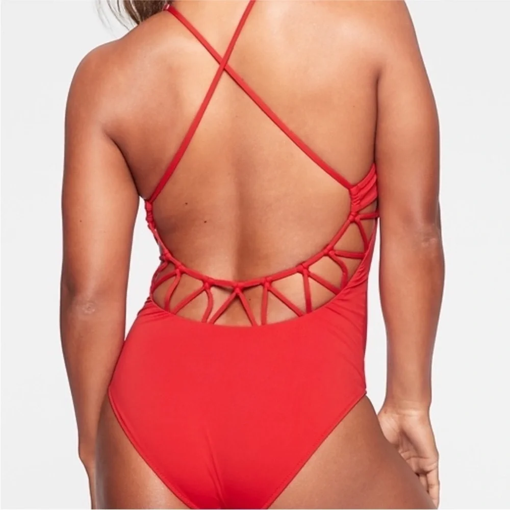 Athleta size Large Red Lace Up Back One Piece Swimsuit Swimwear‎ No Pads Modest